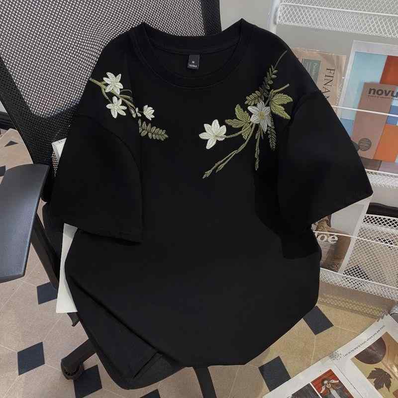 Tシャツ 女性用 ゆったり ラウンドネック 綿 短袖 刺繍 トップス ルーズフィット ミドル丈 切り替え 春夏 ホワイト ブラック ストリートファッション トレンドスタイル 純棉素材 快適 吸湿速乾 日常使い カジュアルウェア