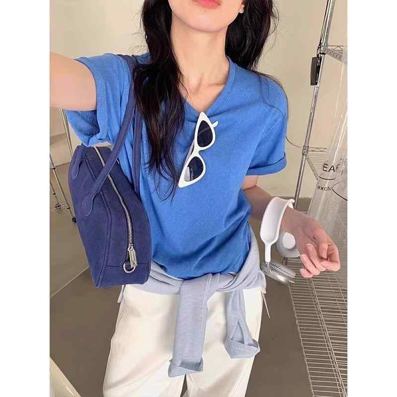 レディース 短袖 Tシャツ トップス 丸首 透気性 極簡 デザイン 純色 ゆったり ルーズフィット 接触冷感 吸湿速乾 コットン混 白色 天藍 ピンク 淡黄 海藍 通勤用 普段使い かわいい カジュアル 気質 超短丈 セットアップ