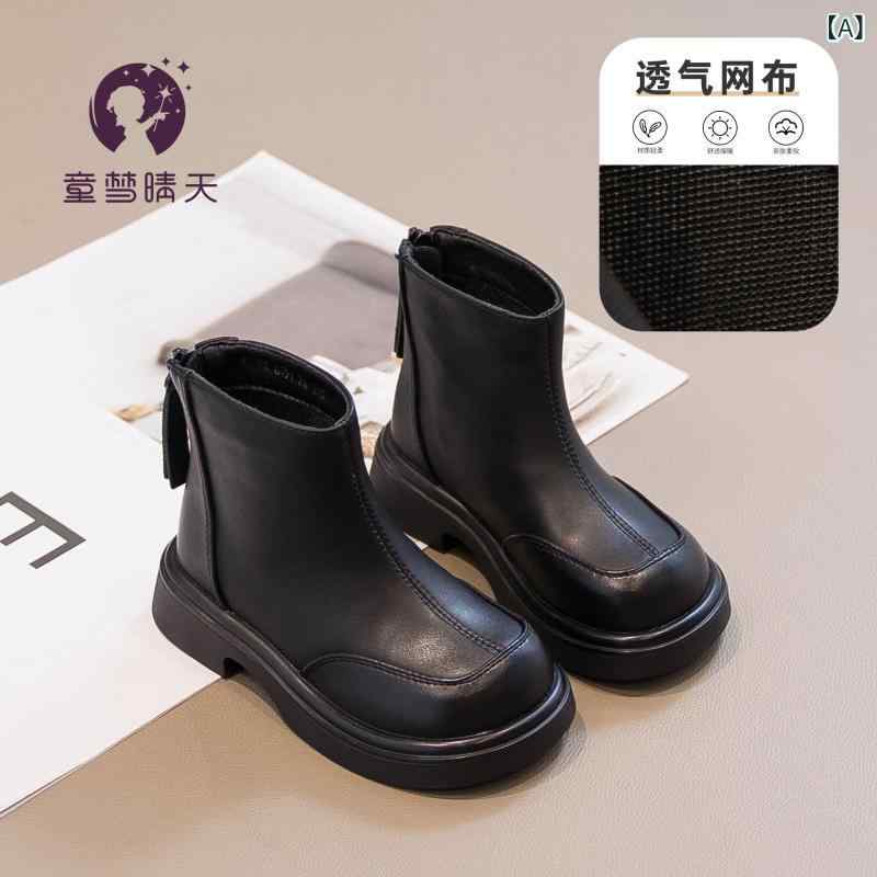 女児靴 キッズ 女の子用 秋冬 ショートブーツ 馬丁靴風 低筒 後ろジッパー 軽量 防滑 保暖 耐磨 超繊維 シューズ 黒 純色 ゴム底 加厚 春秋 冬用 子ども用 トータルコーデ 普段使い 歩きやすい 柔らかい素材 スタイリッシュ 幼児 中童 小童 大