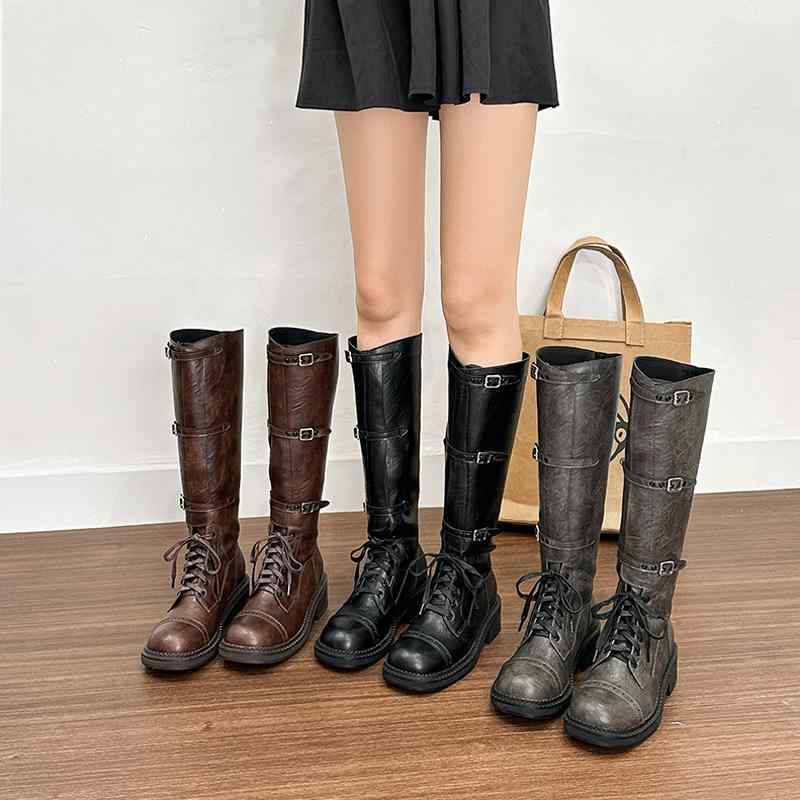 レディース ナイト爵風 厚底 返り咲き ロングブーツ 成人女性用 丸トゥ 粗中踵 雨合羽台 車縫線 サイドジップ 防滑 耐磨 超衣料繊維 綿織物内里 普通厚 純色 黒いこと 薄墨色 赤銅色 冬 春 秋 通い 普段使い走り 軽さ 伸縮性 大きめ大きさ ご機嫌とり捨てる