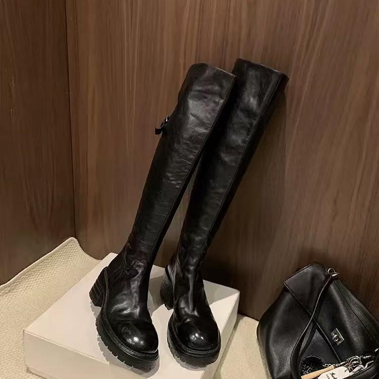 レディース 過膝 ブーツ 厚底 丸頭 粗底 騎士靴 弾力 高筒 防水 防滑 保暖 耐磨 超繊維 皮革風 後引き手 純色 黒 ブラウン 秋冬 暖か 伸縮 軽量 スタイリッシュ