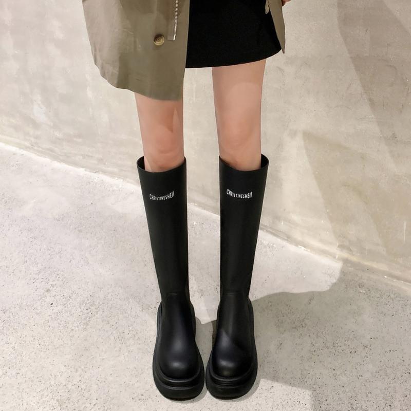 レディース 騎士靴 韓国風 丸頭 厚底 中ヒール 伸縮性 高筒 ロングブーツ 女性用 雨靴 防水 英倫スタイル 軽量 ラバーソール 超繊維素材 偽皮内張り 純色 ブラック 秋冬 普段使い 軽便 通勤