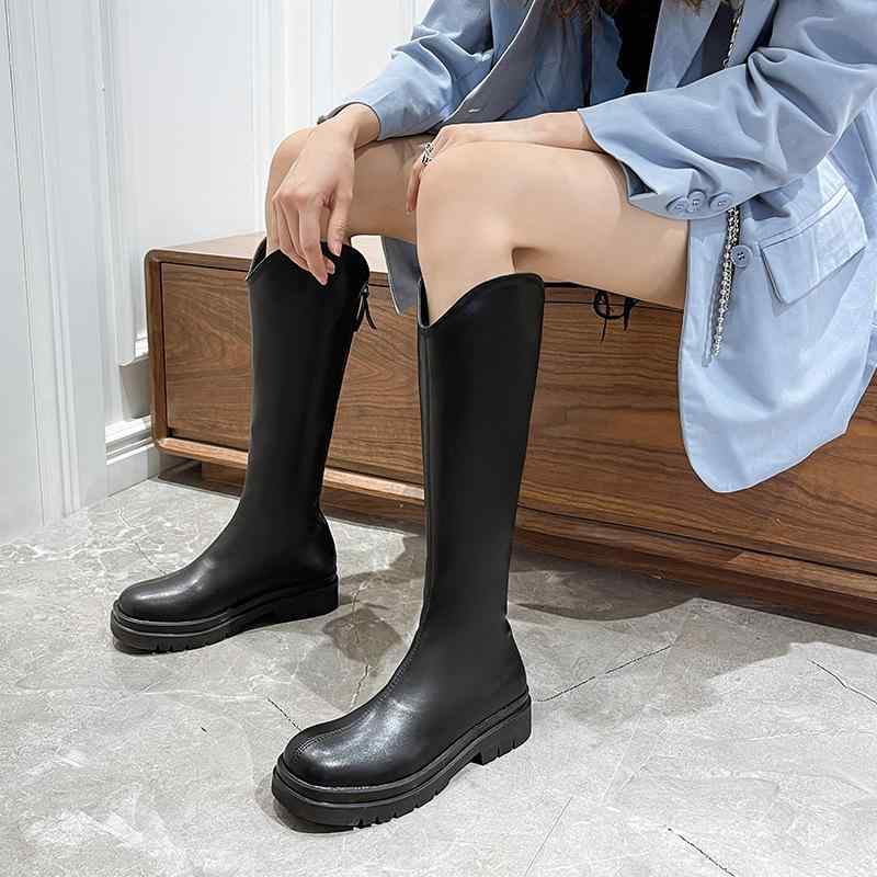 レディース 厚底 長筒靴 秋冬 女性用 イングリッシュスタイル 黒 増高 弾力 騎士靴 防滑 保暖 耐磨 粗中跟 丸頭 超繊維 ラバーソール PU内張 後ファスナー 単色 高筒 普通厚