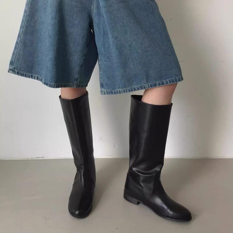 レディース ナイト爵ブーツ 牛皮 素はだ 高筒 ロング 黒 雨合羽 防滑 透気 保暖 耐磨 吸汗 減震 インソール 厚底 ラウンドトゥ サイドジップ 秋冬 春夏 通年