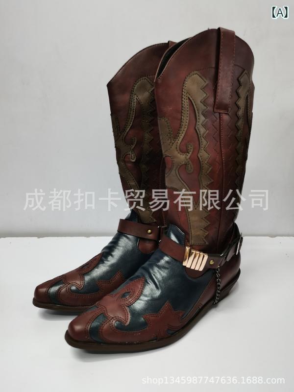 メンズ ブーツ 騎士靴 尖頭 刺繍 デザイン 中筒 ヒール 粗中型 3-5cm インソール 防滑 機能 保暖 素材 PU レザー ライニング コットン ソール ラバー 粘着加工 秋 シーズン 酒紅色 ブラック ダークブラウン ピースカラー スプライン ス