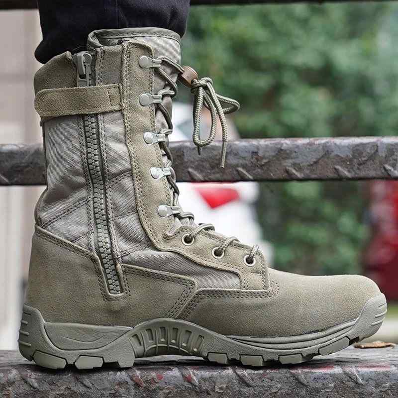 メンズ ハイカット 戦闘ブーツ 春夏 軍用 ラバーブーツ ジップ 防滑 登山靴 メッシュ 軽量 透気 吸汗 EVA インソール 低反発 クッション グリーン ブラック ユニセックス 青年向け ラウンドトゥ サイドジップ アウトドア ハイキング 軍事 スタ