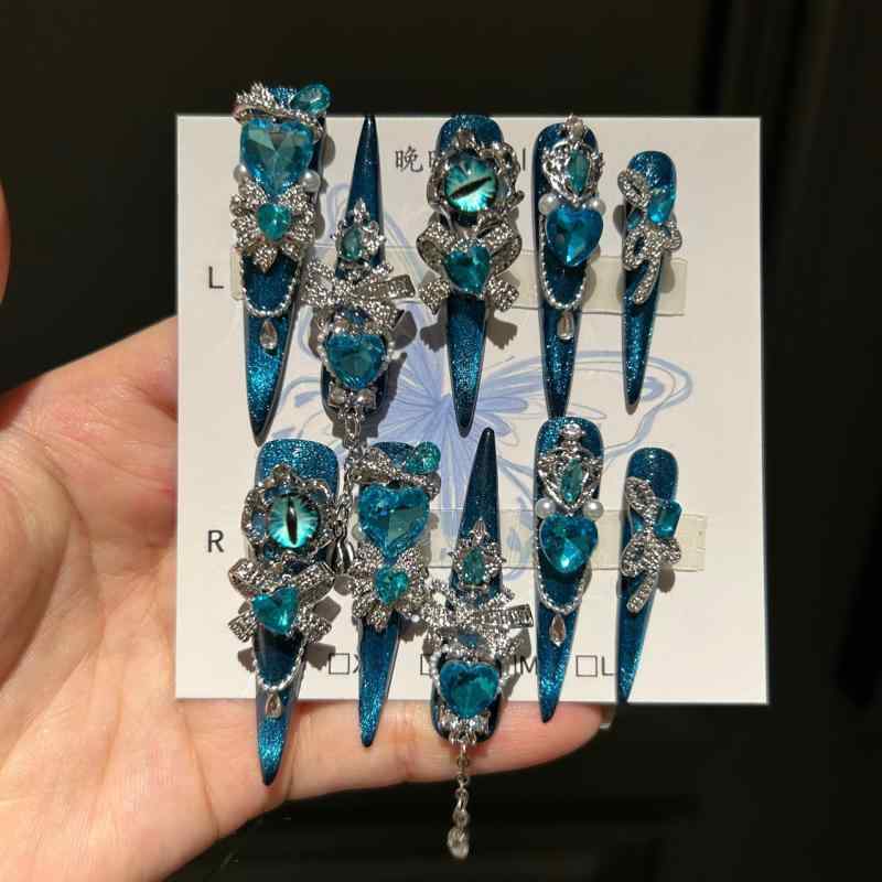 ネイルチップ ハンドメイド 可愛い猫眼 ブルー 軽量 長さ5cm 超ロング 尖型 XS S M L 長さ4cm 細型 犬牙型 XS S M L 純色 甘め 中国風 フレンチ セクシー スパークル クリア 欧米風 クール ラグジュアリー ins風 ピュア