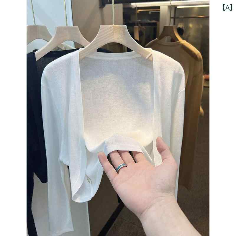 アイス ニットの カーディガン 女性の 夏の 薄い タイプの 外は 短い 長袖の エアコンの シャツの カンタンの 肩の 日焼け 止めの ショールの ブラウスの 上着を 掛けます。