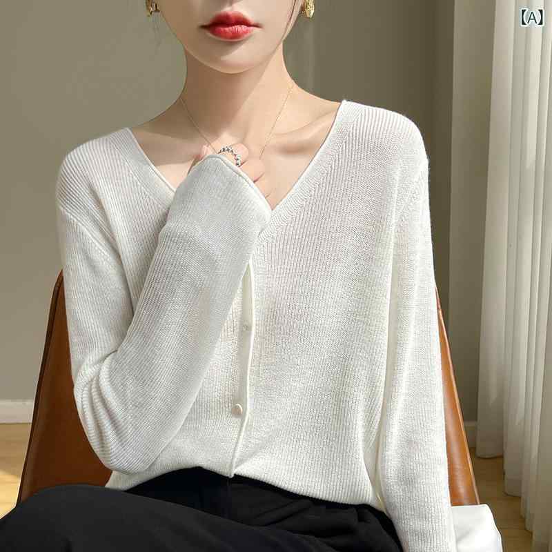 夏の エアコンの シャツの純 色の 日焼け 止めの シャツの 女性の微 透の カーディガンの ニットの クロス ボーダーの 卸売りの 薄い v ネックの 上着は 肉を 遮ります