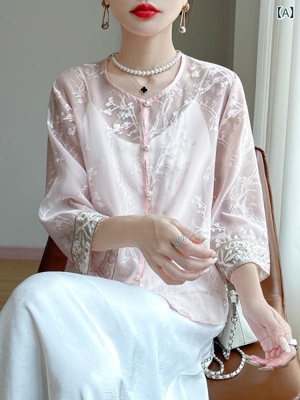 新しい 中国 風の 女性の 夏の 刺繍 ラウンド ネック トップ 香 雲 糸 スカート カーディガン 空調 薄い 日焼け 止め ブラウス|シャドーテール