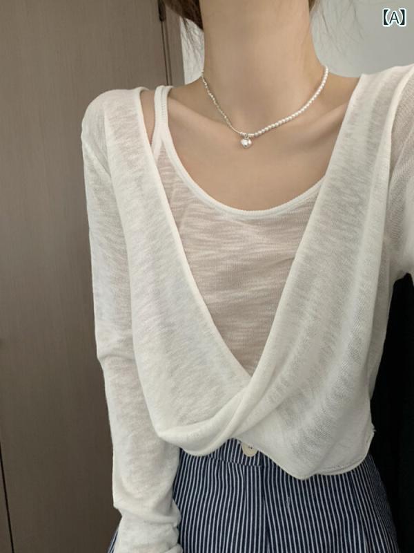 韓国 デザインの 結び目 セーターサスペンダーツーピースセット 女性の 夏の 日焼け 止め ブラウス ユニークで 美しい 初春の トップ