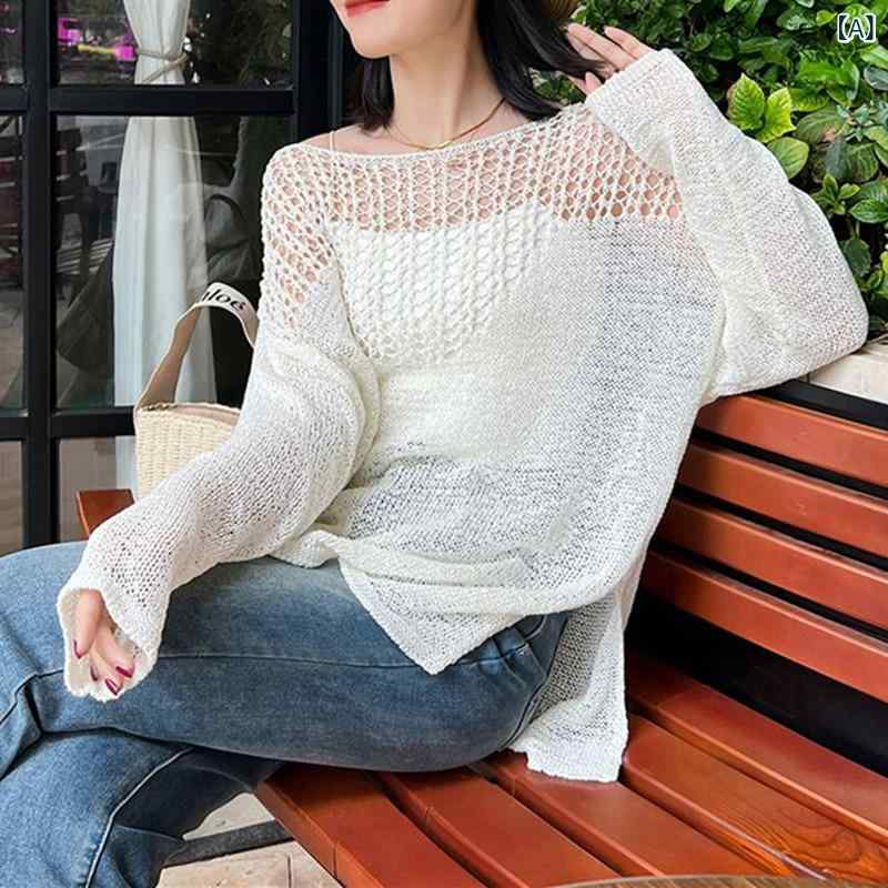 女性 用の 薄い アイスシルクニット 日焼け 止め シャツ、 レイジースタイルの ルーズプルオーバー 中空 ブラウス、 女性 用の 無地の 長袖 Tシャツ トップ