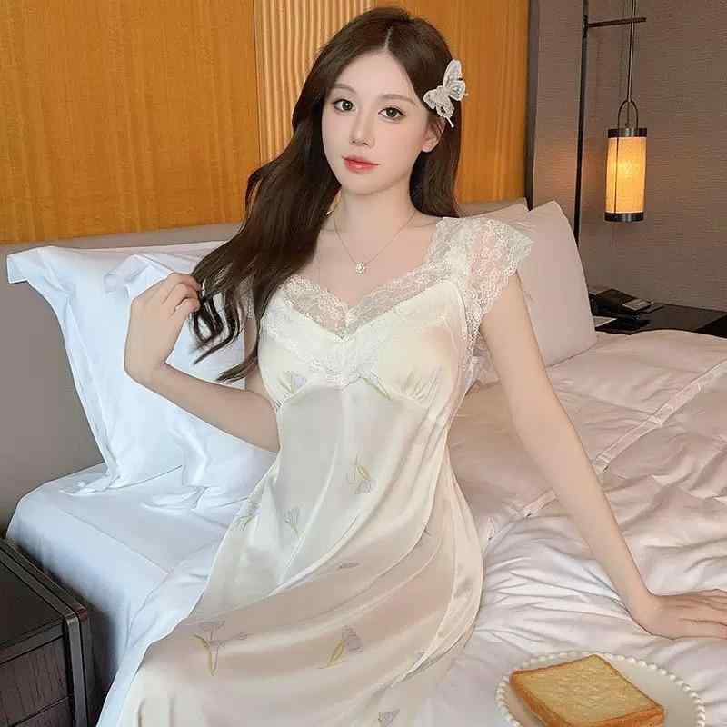 レディース 長袖 Vネック 接触冷感 レース 薄手 ポリエステル 透気性 弾力 かわいい 仙女風 セクシー ピュアスタイル 長丈 スリップ ルームウェア 寝間着 夏用 秋用 白色 ピンク かわいい 居家用 ホテル用 浴場用 通気 涼爽 快適 外出可能 軽
