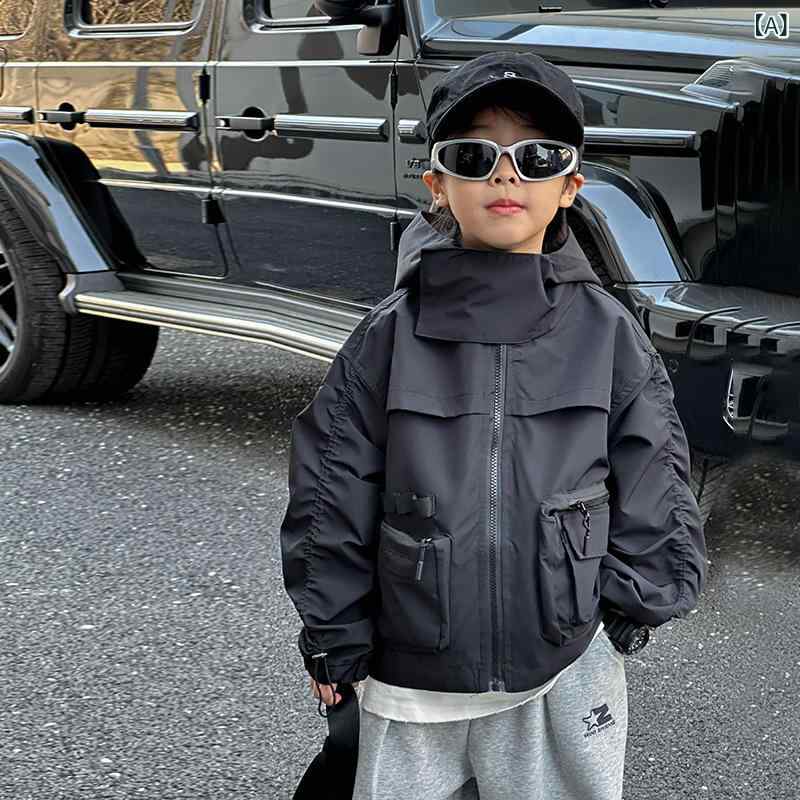 キッズ 男の子 秋冬 ジャケット フード付き 長袖 トップス 韓風 潮 風 短丈 ユニセックス 黒 単色 柔らかい ポリエステル 普通厚 ラバー 汎用 ソフト ズーム フード フーディ プルオーバー 秋 コート 軽量 伸縮性 吸湿速乾 接触冷感 再生繊維