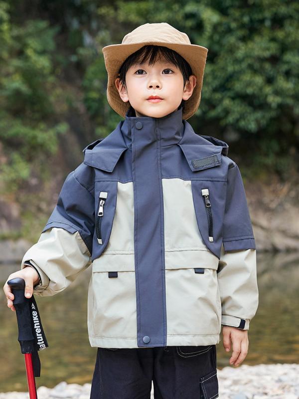 キッズ 男の子 女の子 フリース ジャケット フード付き 長袖 ミドルレングス ポリエステル コットン ライニング ジッパー 切り替え デザイン ミックスカラー ベージュ 秋冬 ユニセックス 子供用 3-8歳 100-160cm 対応 柔軟素材 吸汗 通