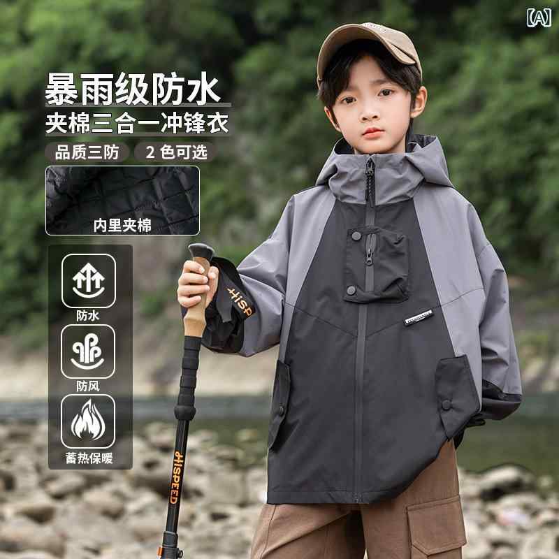 キッズ 男の子 中大童 フリース 秋冬 ジャケット コート 子供 男児 秋服 外套 厚手 三合一 着脱可能 フード付き 長袖 運動 スタイル 切り替え ピースカラー ポリエステル 化繊 コーティング 加工 灰色 グレー 軍緑色 コットンインサート 短丈