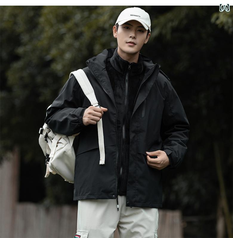アウトドア ジャケット ユニセックス 防水 防風 保暖 フード付き 着脱式 切り替え コーデュラ ポリエステル コーラルフリース 裏地 連帽 開襟 ワイドシルエット 軽量 通気性 吸湿速乾 秋冬 春 ユニバーサル キャンプ ハイキング サイクリング フィ