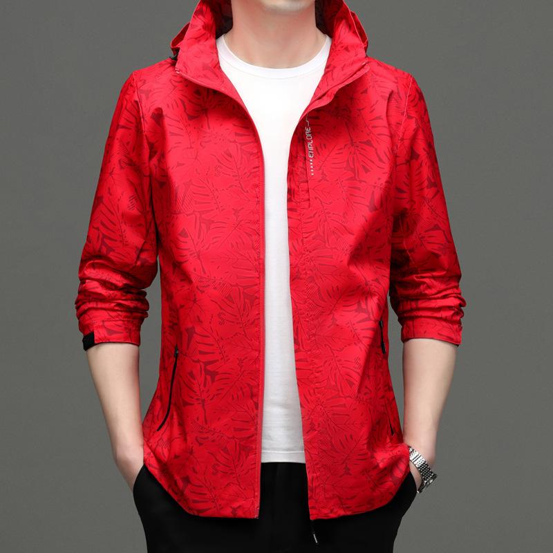 メンズ 春夏 フード付き 防風 薄手 ジャケット 迷彩柄 登山服 軽量 ポリエステル 混紡 ロングスリーブ スタンドカラー ルーズフィット ジップアップ ラウンドヘム 明線ステッチ サイドポケット 日常 アウトドア ホワイト ブラック レッド ブルー