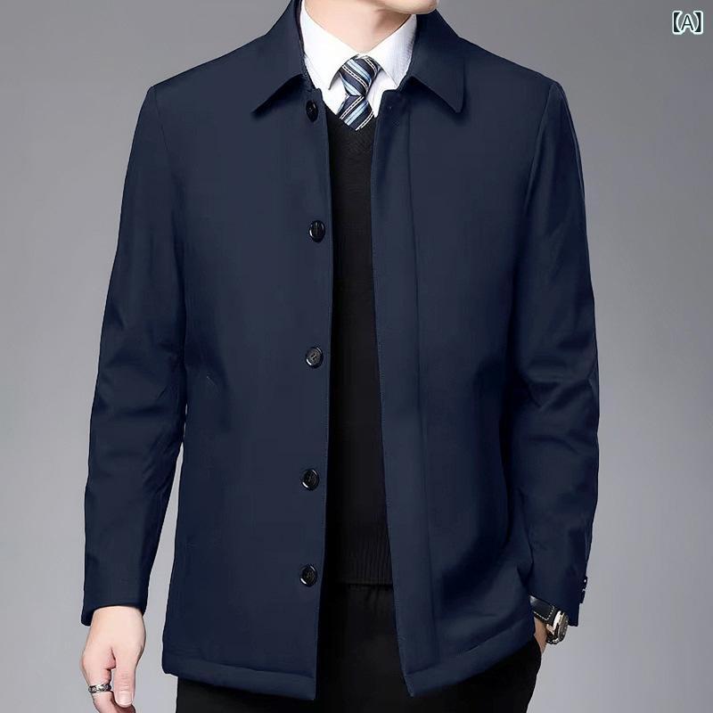 メンズ ジャケット 中年男性用 ビジネス 日常 長袖 スタンドカラー ルーズフィット シングルブレスト 無地 ポリエステル 耐摩耗 防風 吸湿速乾 多ポケット サイドポケット ストレートヘム ノーアイロン ネイビー ブラック カーキ ダークグリーン 春秋