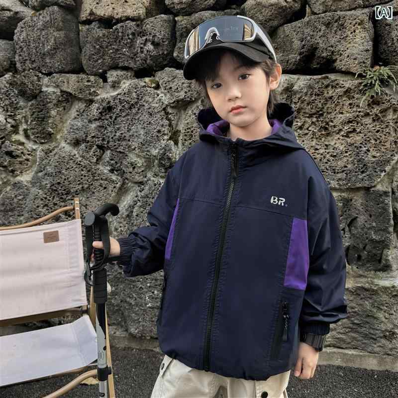男児 春夏 フード付き 防水 防風 透気 ソフトシェル ジャケット 冲?衣 キャンプ アウトドア コットン ライク ポリエステル ワイド フィット ネイビー グリーン ブルー ブラック ホワイト グレー パープル 春秋 汎用 ユニセックス キッズ ボーイ