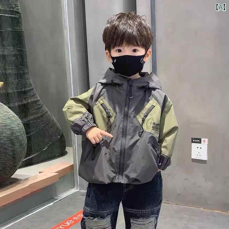 キッズ 男の子 秋冬 風衣 コート 薄手 連帽 工装 ジャケット 綿 ポリエステル 保暖 防水 軽量 伸縮性 灰色 ネイビー 春秋 汎用 アウトドア 普段使い 開襟 常? シルエット 100cm 110cm 120cm 130cm 140cm 150cm