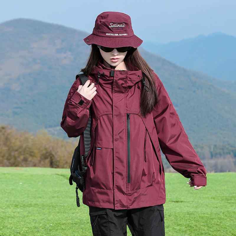 レディース 春夏 フード付き 防風 軽量 ポリエステル ジャケット トップス 作業着風 アウトドア 登山服 通勤 普段使い ゆったり ロング スタンドカラー 長袖 ポケット 無地 中厚 快適 気質 スタイル ジッパー 開閉 白色 ブラック 赤系 ベージュ