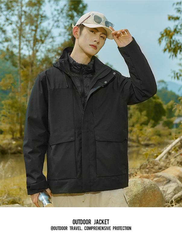 フリース ジャケット メンズ レディース 防水 防風 保暖 三合一 登山 アウトドア 羽毛 ポリエステル コットン 混紡 透湿 吸汗 速乾 防汚 連帽 脱着可能 フード 取り外し 内胆 付き 秋冬 春 防寒 ハイキング トレッキング キャンプ スキー ク