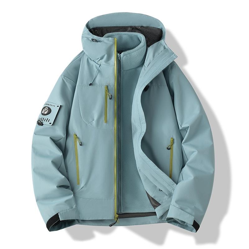 アウトドア ジャケット 男女用 連帽 三合一 防風 防水 保暖 耐磨 防汚 秋冬 ?? 素材 軽量 透湿 作業着 スタイル ハイキング キャンプ 旅行 釣り 郊外 用 ユニセックス ミドル レイヤー 着脱 可能 風止 メンブレン フリース 内胆 無毛領