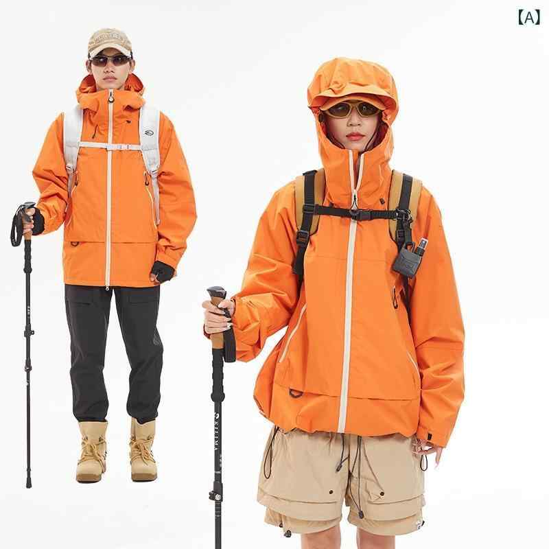フード付き アウトドア ジャケット 男女兼用 防水 防風 透気 耐摩耗 秋季 徒歩 登山 キャンプ 釣り 旅行 郊外 サイクリング 自転車 涼しいオレンジ グリーン 紫 ピンク アイボリー ブラック ポリエステル テフロン加工 杜邦素材 ワイドシルエット