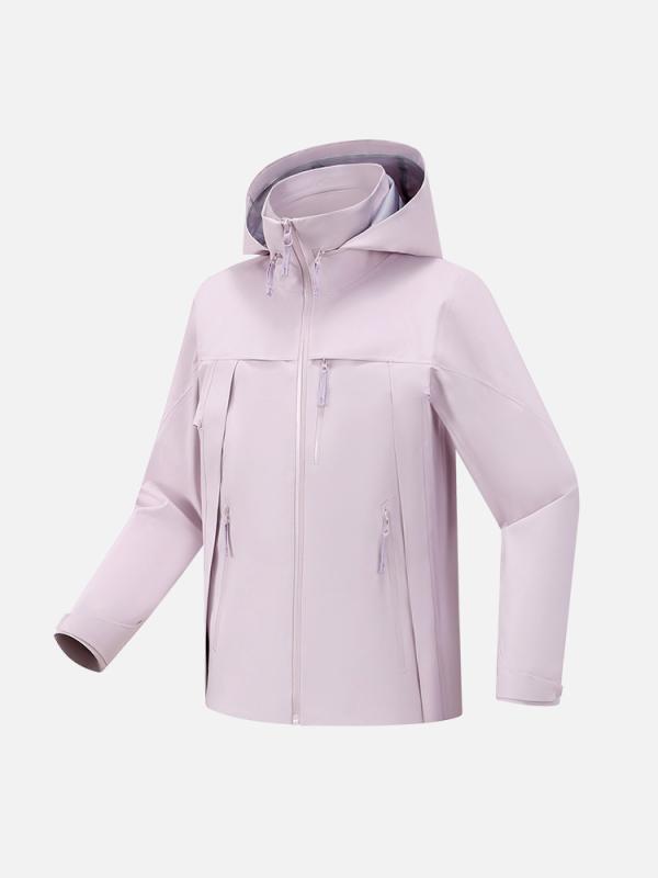 レディース 春秋 ショート丈 防水 防風 透気 硬殻 フリースタイル ジャケット 登山服 ハイキング キャンプ 旅行 郊外散策 セルフドライブ 連帽 開襟 単層 アウトドア コート 純色 ポリエステル 素材 米白 ブラック 浅紫 カラー 軽量 機能 再生