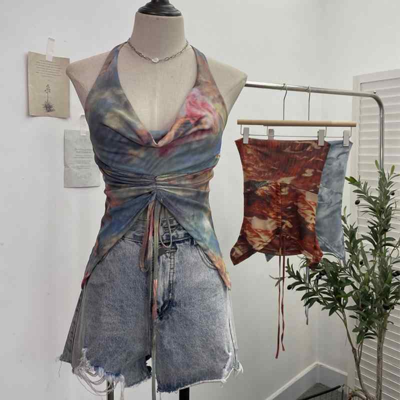キャミソール 女性用 リゾート風 ハングネック ボウカラー ドローストリング タイバック 吊り帯 背心 タイダイ柄 レース ショート丈 ノースリーブ トップス 修身 超短丈 切り替え ネット生地 中弾力 セクシー スイート スパイシー 夏用 天使ブルー