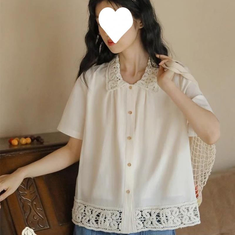 シャツ 女性用 短袖 フレンチレース フラップカラー 切り替え 夏 米白色 レイヨン ワイド ルーズ シンプル デザイン ボヘミアン ヴィンテージ トップス 吸湿速乾 軽量 通勤 普段使い 禅風