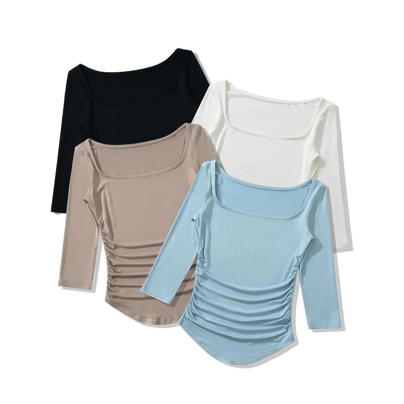 Tシャツ 女性用 春夏 修身 方領 低め 半袖 インナー トップス 収腰 切り替え 短丈 コットン混紡 無地 プリーツ 軽量 伸縮性 ブラック ホワイト ピンク系 ライトブルー 通勤 普段使い 街着 セクシー スリムシルエット