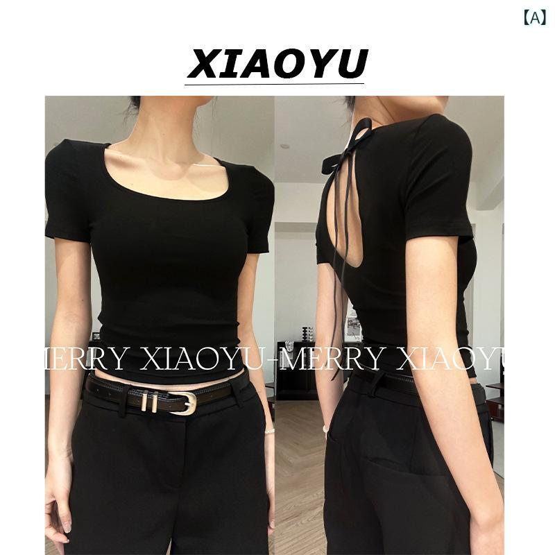 Tシャツ 女性用 修身 短袖 丸首 後ろ開き 蝶結び 肩出し スリムフィット 気質 通勤スタイル 純色 立体裁剪 黒 夏 軽量 伸縮性 吸湿速乾 ブラック トップス 背中強調 肩美 普段使い