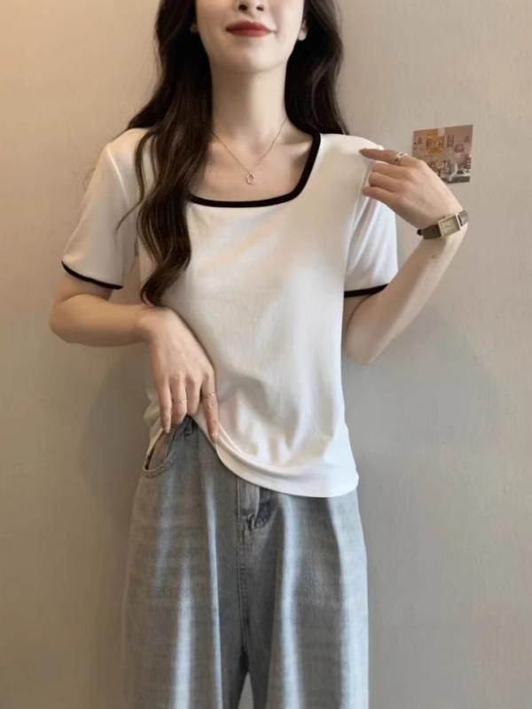 トップス 女性用 方領 Tシャツ 短袖 修身シルエット 撞色デザイン 純色 気質通勤 快適レジャー 通勤風 人棉素材 95%以上 白色 ブラック 軽量 通勤用 普段使い 伸縮性 吸湿速乾 春夏