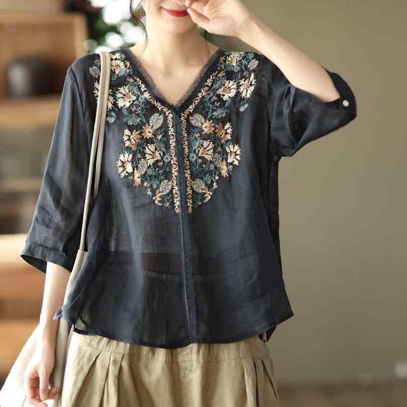 Tシャツ レディース 短袖 Vネック 刺繍 レース切り替え 綿麻素材 接触冷感 かわいい 民族風 気質 ビッグシルエット ゆったり トップス 通勤用 普段使い 部屋着 快適 吸湿速乾 軽量 春夏 ネイビー ベージュ ホワイト