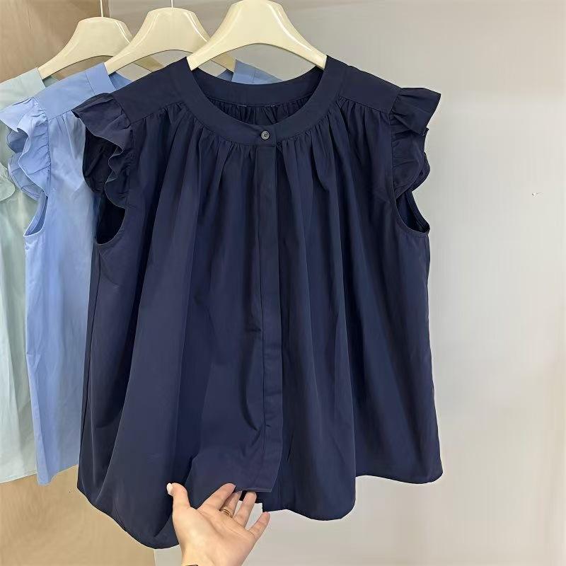 ノースリーブ シャツ 女性用 春夏 雪? ポリエステル 素材 純色 丸首 フリル プリーツ ボタン ノースリーブ 無袖 トップス かわいい デザイン 小柄対応 軽量 シワになりにくい 快適 ゆったり 日韓カジュアル スタイル ブルー グリーン ブラック