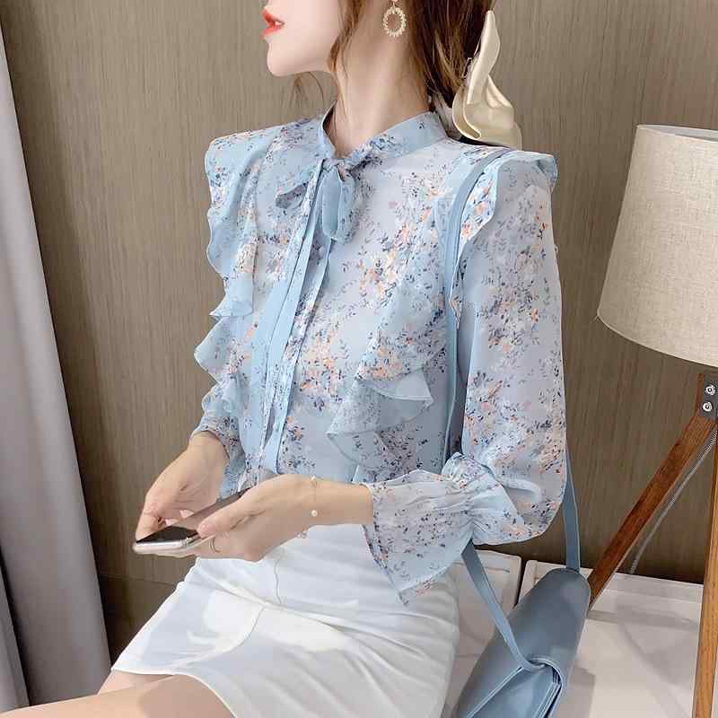 ブラウス 女性用 春夏 蝶結 シフォン トップス フリル 花柄 長袖 紐 開衫 修身 スカーフカラー ラッパスリーブ 切り替え 波浪 ボタン 気質 優雅 通勤 普段使い ?? 混紡 ブルー 軽量 通気性 吸湿速乾 伸縮性