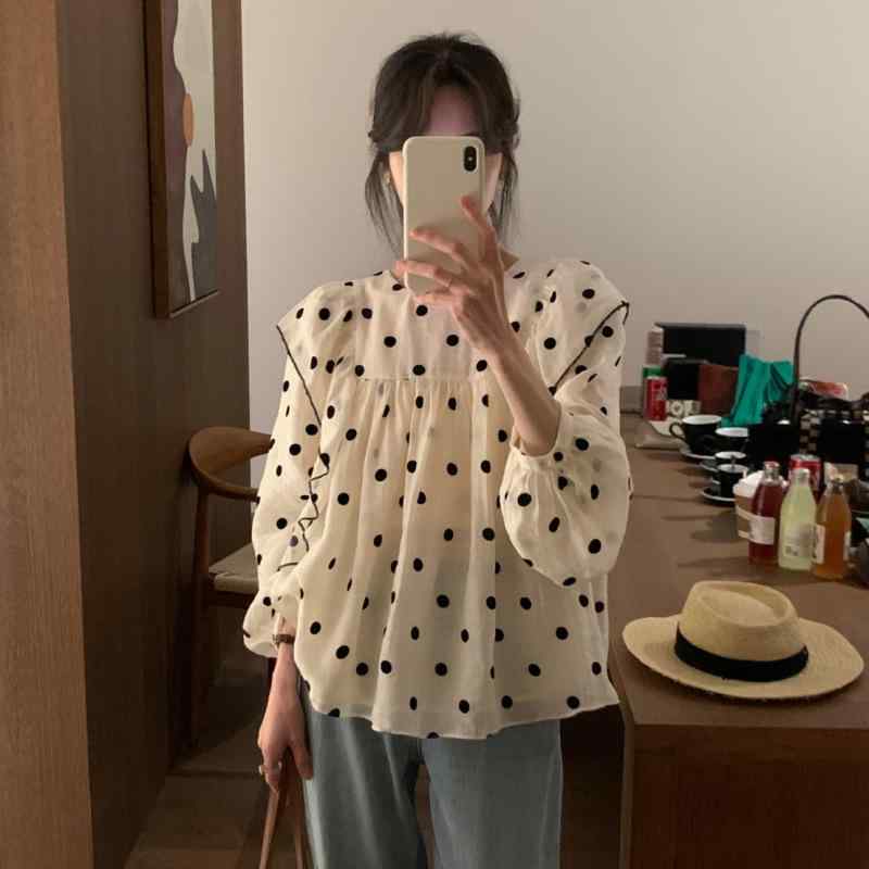 レディース シャツ トップス 早秋 春夏 かわいい 別注 木耳縁 ポルカドット 長袖 雪? ポリエステル 白 波点 白地 デザイン性 気質 通勤 都市 スタイル 軽量 薄手 セットアップ 着回し インナー 羽織り 外出 女性用