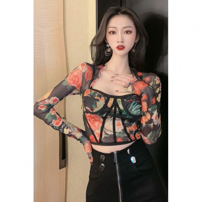 レディース トップス 花柄 レース シャツ 修身 気質 通勤 短め 長袖 Tシャツ インナー 花柄 レース トップス ポリエステル 花色 方領 切り替え プリント スレンダー フィット 都会スタイル