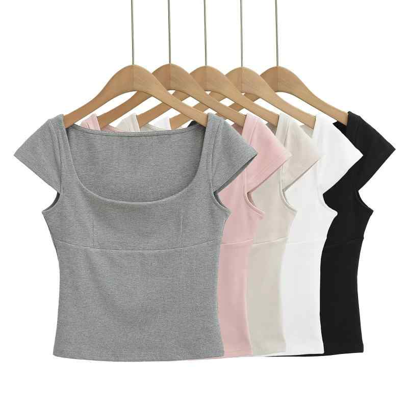 Tシャツ 女性用 短袖 短丈 方領 切り替えデザイン 修身シルエット 弾力性 セクシー ハイウエスト トップス コットン混 綿素材 ピッタリフィット 伸縮性 通勤 普段使い ブラック ホワイト ミルクティー ライトグレー ピンク 春夏 吸湿速乾 軽量