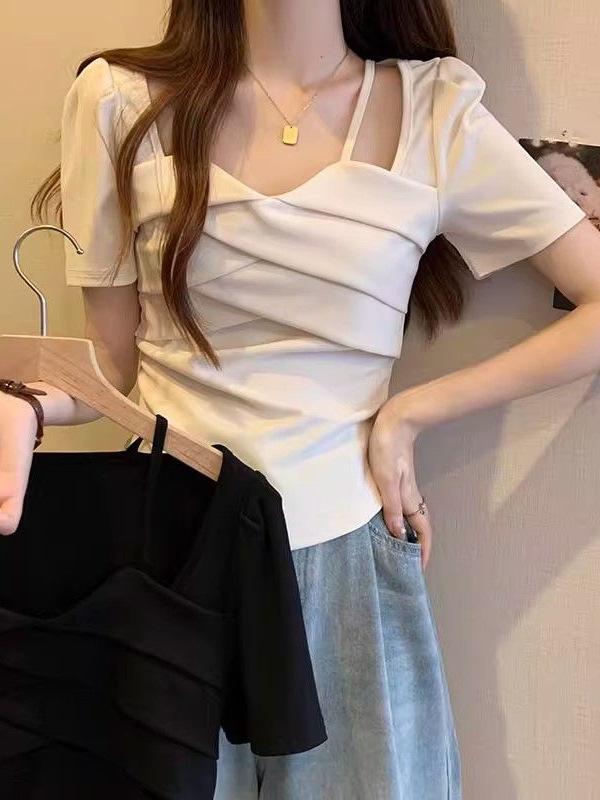 Tシャツ 女性用 春夏 短袖 スクエアネック 修身 イージー トップス 切り替え モダール 再生繊維 人棉 ピュアカラー 杏色 ブラック 軽量 通気性 吸湿速乾 快適 日常使い カジュアル