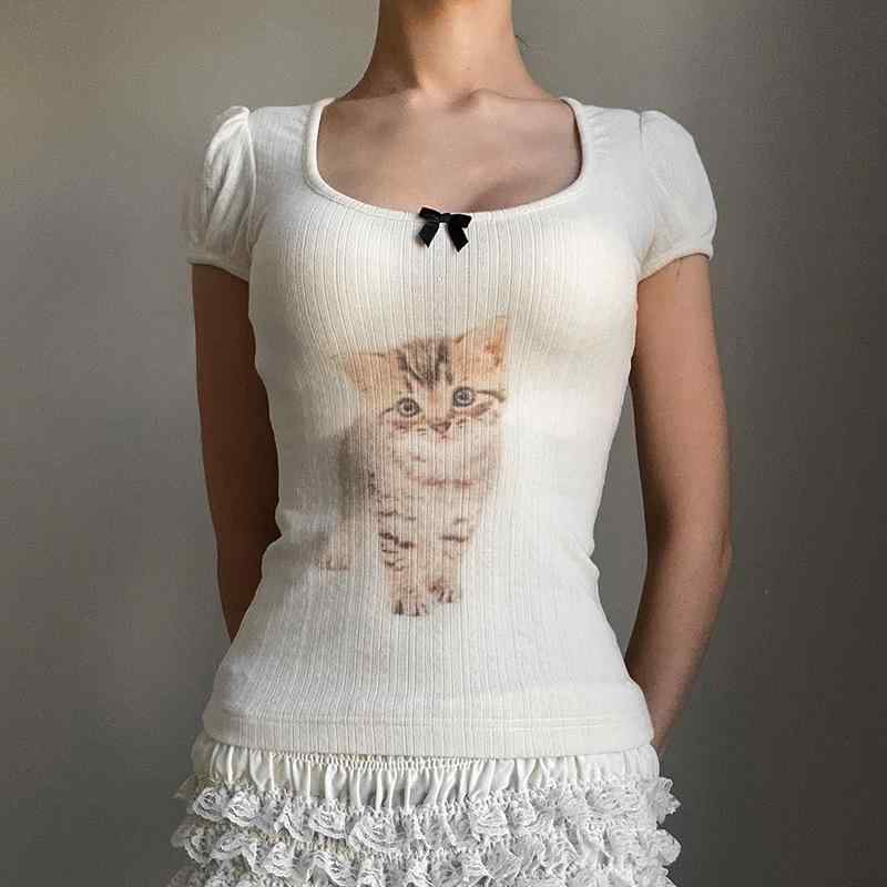 Tシャツ 女の子用 春夏 かわいい猫柄 丸首 泡泡袖 修身 短袖 ニット素材 動物プリント セクシー 快適カジュアル 私服 短丈 方領 切り替え 白色 軽量 吸湿速乾 ビッグシルエット トップス 普段使い 部屋着