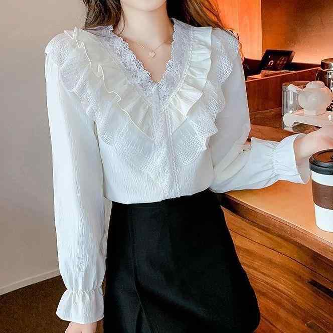 ブラウス 女性用 長袖 春夏 雪? レース フリル デザイン ポリエステル 素材 セットインスリーブ ポローカラー 白色 杏色 ゆったり フィット 軽量 通気性 かわいい 韓国風 日常使い トップス シャツ チュニック