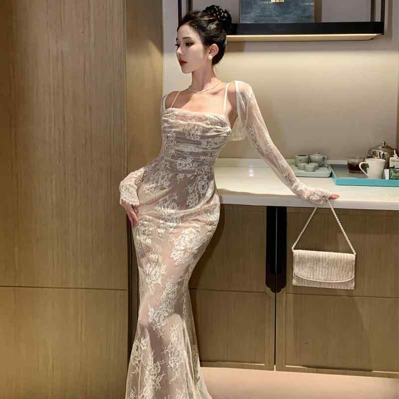 ワンピース 女性用 フレンチレース 吊り紐 ロングドレス セクシー オフショルダー コットン 雪紡 素材 植物 花柄 プリーツ フリル デザイン プルオーバー タイプ イレギュラー スカート ウエスト ワンショルダー ネック フレア スリーブ ロング 袖
