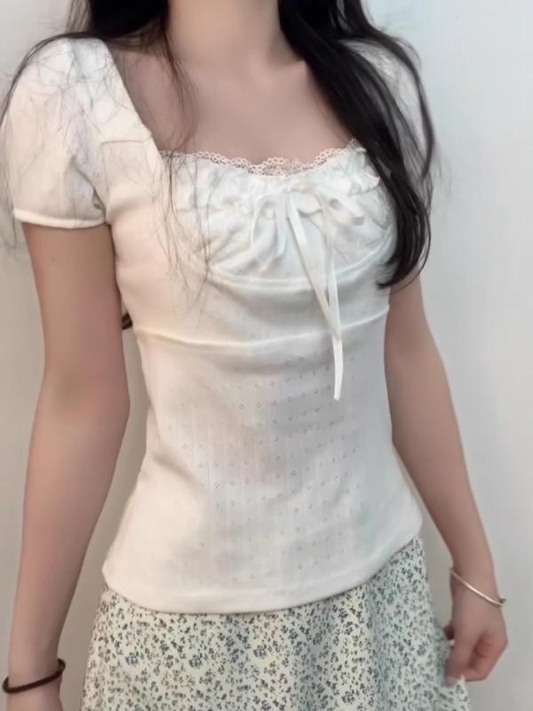 Tシャツ 女性用 夏 短袖 綿 接触冷感 方領 セットインスリーブ バレエ風 蝶結び デザイン 修身 スリムフィット トップス かわいい 韓国風 カジュアル 日常使い 軽量 吸湿速乾 白色 ピュアカラー