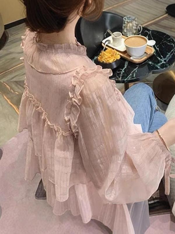 シャツ 女性用 春夏 通勤 かわいい 雪?素材 長袖 泡泡袖 丸首 木耳縁 ピンク 切り替え 軽量 通気性 吸湿速乾 高級感 気質 洋気 減齢 トップス ブラウス 普段使い オフィスカジュアル 柔らかい シルエット フェミニン スタイル 薄手 快適 洗い