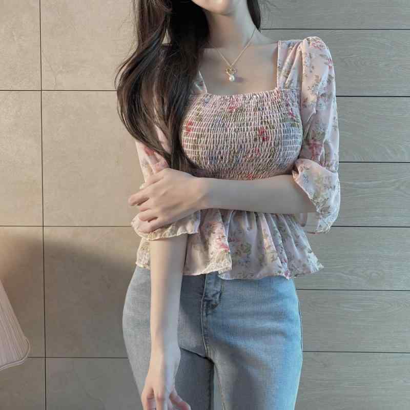 レディース トップス シャツ 収腰 スリム 短袖 デザイン フリル 花柄 シフォン 短め 上衣 女性用 修身型 方領 フレアスリーブ 長袖 復古 芸術的 浅緑 淡ピンク 涼しい 軽量 通勤 普段使い 春夏