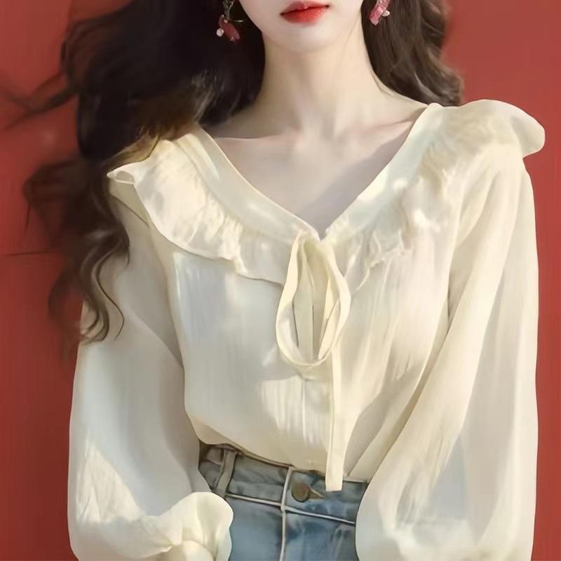 シャツ 女性用 春夏 杏色 防晒 雪? 長袖 Vネック 泡泡袖 ワイドシルエット 韓国風 接触冷感 ポリエステル 軽量 吸湿速乾 セットアップ ゆったりトップス 秋向け 早秋 かわいい 日常使い
