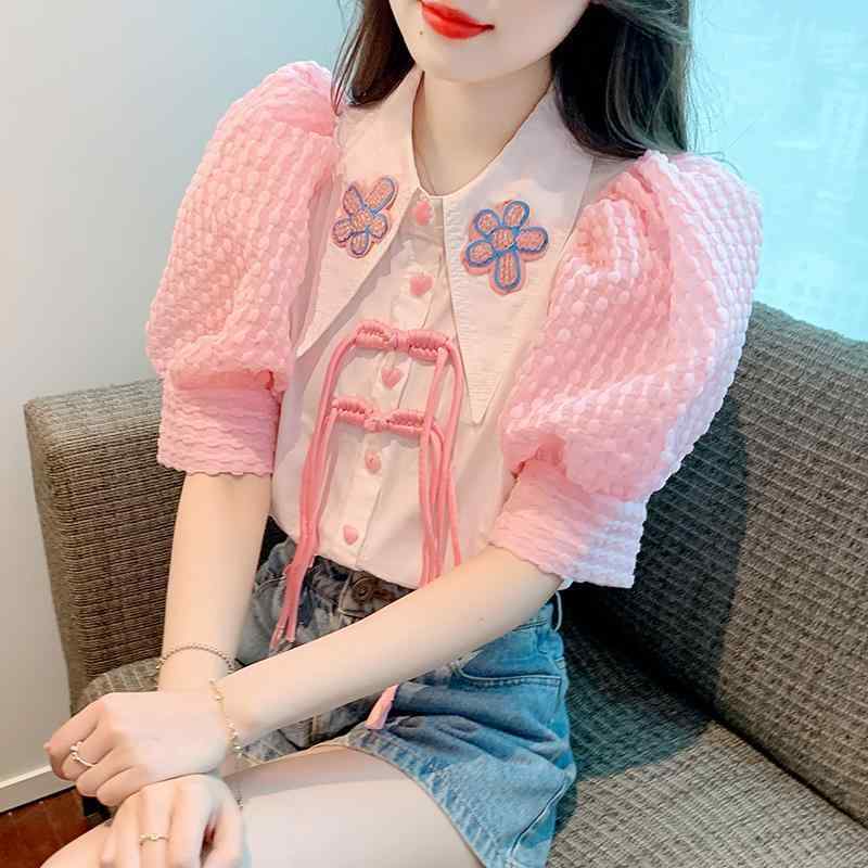 シャツ 女性用 春夏 短袖 シフォン トップス かわいい デザイン 娃娃領 泡泡袖 気質 通勤 都市風 軽量 吸湿速乾 ブラウス ブラック ピンク系 アイボリー カジュアル